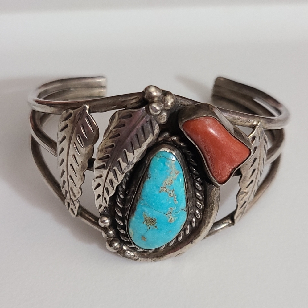 Vintage Roy Vandever NA navajo turquoise coral sterling bracelet cuff estate vtg
